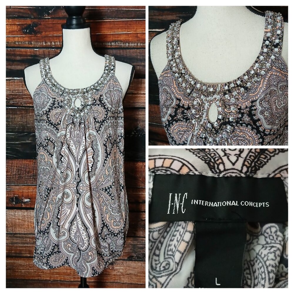 INC International Concepts Tank Top L Beaded Rhinestone Paisley Keyhole